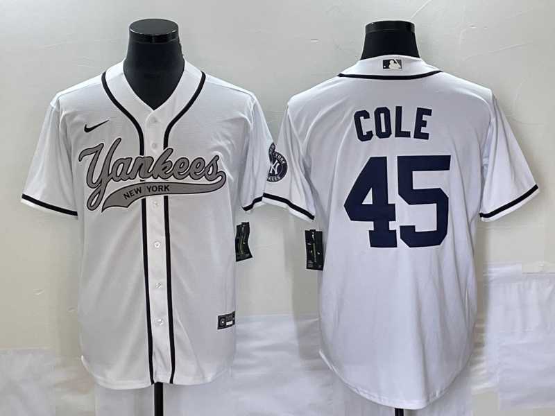 Men%27s New York Yankees #45 Gerrit Cole White With Patch Cool Base Stitched Baseball Jersey->new york yankees->MLB Jersey